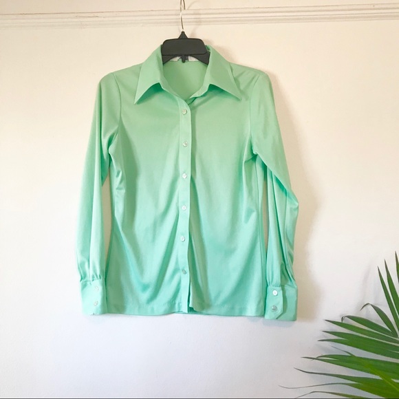 - Vintage 1970’s Hooper Mint Green Blouse - Picture 1 of 9